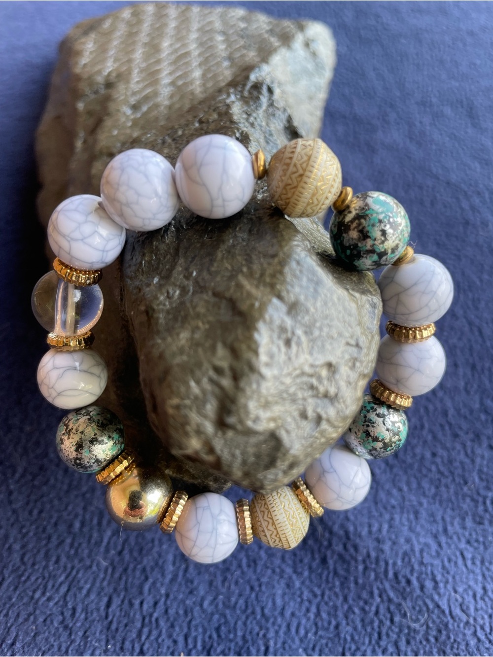 White Crackle Bead Stretch Bracelet with Gold Toned Accents